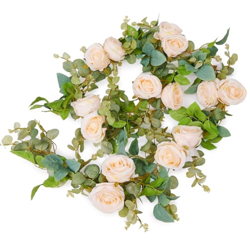 PONKING Flower Garland Artificial Rose Vine Flowers Hanging Fake Roses Vines for Wedding Birthday Party Valentines Christmas Room Wall Arch Decor, 2 Champagne Floral Garland, High Realistic - color: High Realistic Flower Champagne Vines 5.4ft