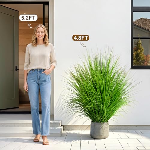 large Artificial Cattail Reed Grass Big fake grass indoor outdoor realistic floor plants faux plastic plantas synthetic pampas grass for home living room corner office patio front porch bonsai decor - color: Green, size: 4.8 FT
