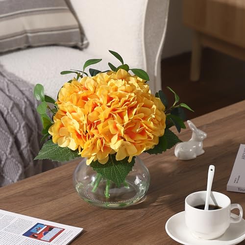 Hydrangea Artificial Flowers in Vase, Silk Faux Hydrangea Arrangements with Glass Vase and Faux Water for Home Decor Wedding Bouquets Table Centerpieces, Yellow, Set of 7 - color: Hydrangea Stems With Faux Water, size: Yellow