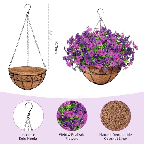 Artificial Fake Hanging Flowers Plants Basket Outdoors, Faux Silk UV Resistant Look Real Daisy Eucalyptus for Spring Summer Garden Porch Home Patio Balcony Yard Decorations, Double Purple - color: Double Purple