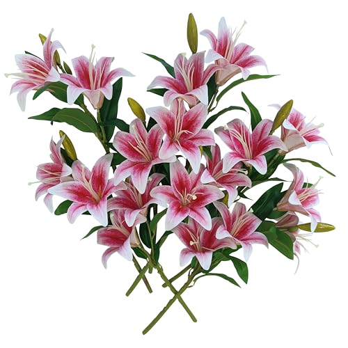 ATFL Artificial Lilies Flowers,9 Pcs Faux Lily Flowers,16''Tiger Lily Branches with 2 Full Blooms and 1 Bud,Faux Fake Lilies Plants for Wedding Bouquet Floral Arrangements (9, deep Pink) - color: Deep Pink