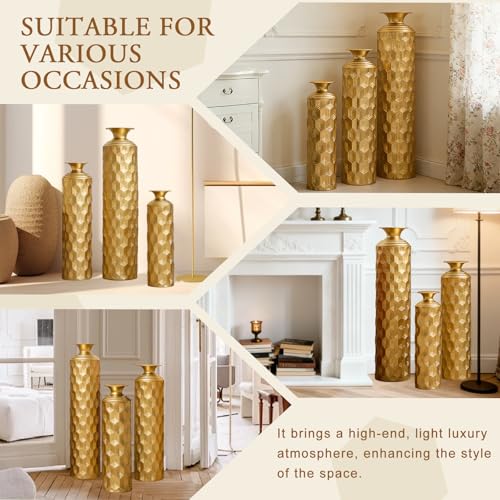 Metal Floor Vases Decorative, Set of 3 Flower Arrangement Stand, Metal Decorative Vase Tall Distressed Metallic Centerpiece Vases with Hexagon Textured, 33.46", 25.59", 19.69" H (Gold) - color: Gold