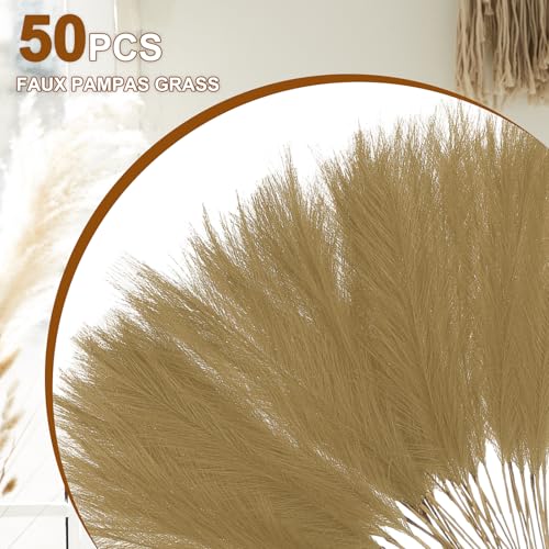 uxcell 50 Pcs Faux Pampas Grass 52cm/20.5" Artificial Fake Dried Pampas Grass Decor with Stem for Floor Vase Filler, Wedding Decoration, Home Decoration, Brown - color: Brown