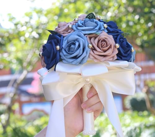 Handmade Wedding Bouquet Artificial PE Rose Bridal Bridesmaid Bouquet with Soft Ribbons Wedding Hand Holding Bouquet Artificial Fake Flowers Toss Bouquet(B-Blue & Navy Blue & Pink, 9.1"/23cm) - color: B-blue & Navy Blue & Pink, size: 9.1"/23cm