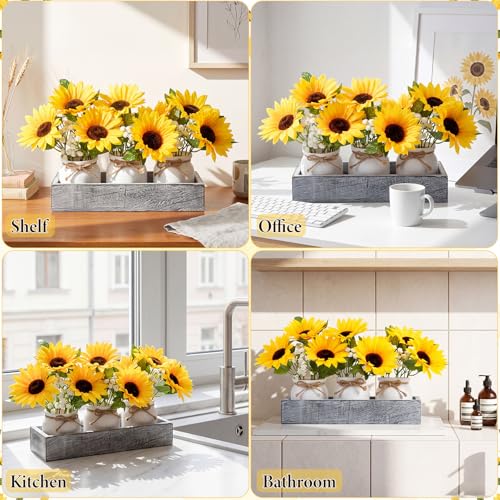 AceOrbit 3 Pcs Artificial Sunflower Potted Plants with Light Grey Wood Tray Farmhouse Faux Sunflowers for Kitchen Table Centerpieces Fake Yellow Flowers in Rustic Pots for Dining Home Bathroom Wedding - style: Weathered