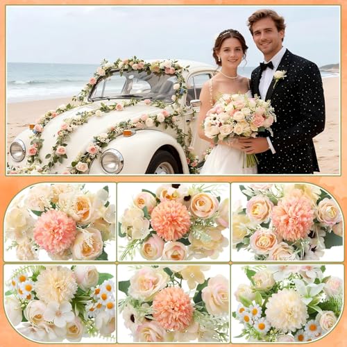 Tigeen 6 Bundles Artificial Bouquet Flowers Artificial Peonies Faux Roses Hydrangea Flowers Bouquet for Wedding Table Centerpiece Floral Vase Decor (Champagne) - color: Champagne