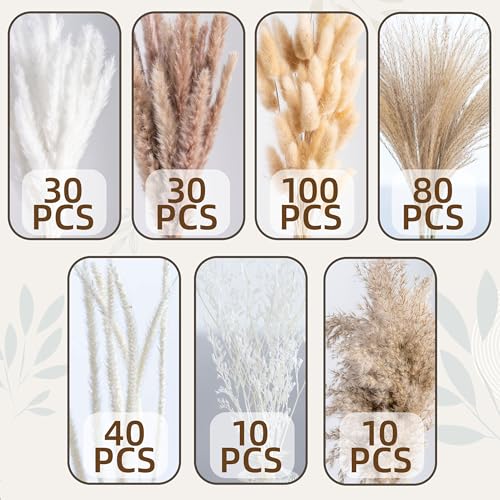 300PCS Natural Pampas Grass Mix Bouquet | Dried Pampas Bouquet for Wedding Boho Flowers Home Table Decor Desk Decor, Rustic Farmhouse Decor (300PCS) - size: 300PCS
