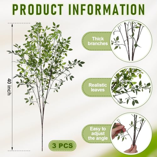 Suncalla 3 Pcs Artificial Greenery Stems 40 Inches Tall Faux Nandina Branches Fake Greenery Plants Bamboo Leaves Stems for Vase Wedding Living Room Bedroom Home Office Shop Kitchen Garden Decor - color: Nandina, size: 40 Inch