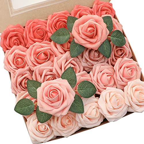 Floroom Artificial Flowers 25pcs Real Looking Coral Ombre Colors Foam Fake Roses with Stems for DIY Wedding Bouquets Bridal Shower Centerpieces Floral Arrangements Party Tables Home Decorations - color: Shades of Coral
