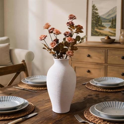 Ceramic Flower Vase Home Decor, 11 in Farmhouse Table White Vases Rustic Vintage Living Room Kitchen Bedroom Decorations Pottery Decorative Vases for House Shelf Office Coffee Desk Dining Fireplace - color: 11 in - White