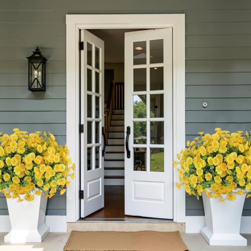 Ouddy Decor 24 Bundles Artificial Flowers for Outdoors Decoration Fake Silk Morning Glory Flowers Faux Eucalyptus Plants UV Resistant for Porch Patio Garden Spring Summer Home Decor, Yellow - color: Yellow
