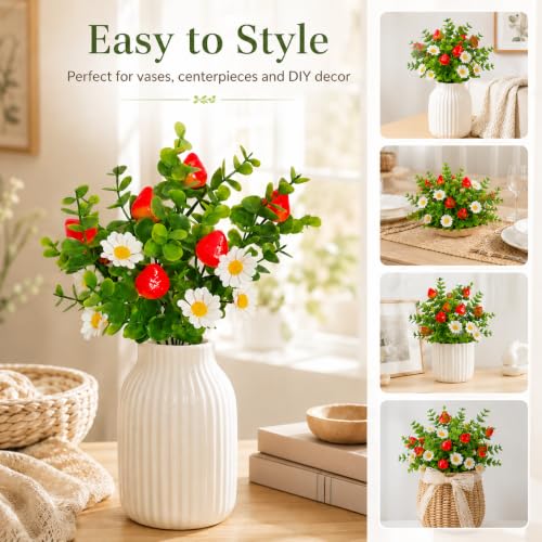 6 Pcs Artificial Strawberry Branches, Artificial Eucalyptus Flower Stems with Berries, Faux Greenery Daisy Picks for Vase Wreath Wedding Home Decor - color: Red White