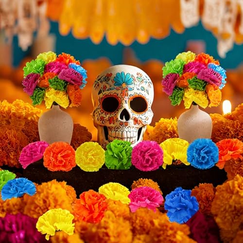 Syhood 50 Pcs Artificial Marigold Flower Bulk Decorations Mexican Flores Artificiales Fiesta Party Decorations for Mexican Backdrop Party Floral with Stems DIY Marigold Garland - color: Mixed Colors
