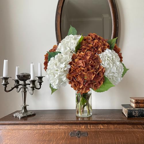 YalzoneMet 4 Pcs Orange Brown Hydrangea Artificial Flowers 21‘’ Real Touch Latex Hydrangea Fake Flowers for Fall Home Decor Party Kitchen Bedroom Bronze Vintage Flower Table Centerpieces - color: Orange Brown