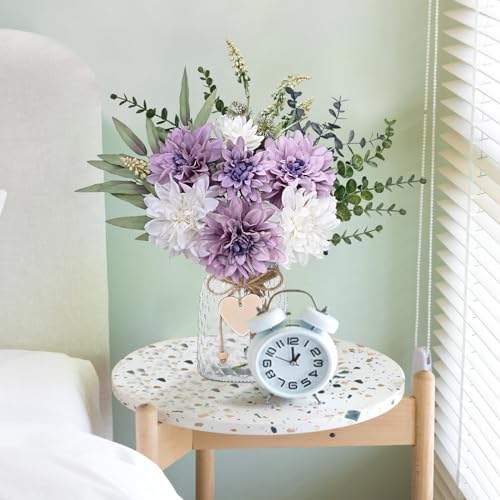 MARTINE MALL Fake Flowers in Vase, Faux Flowers in Vase, Dahlia Artificial Flowers in Vase Centerpiece Table Decorations Artificial Flower Arrangement for Home Dining Room Office Farmhouse - color: Purple Dahlia