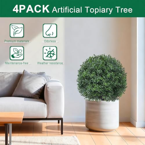 4 Pack Artificial Boxwood Topiary Ball Trees,16'' UV Resistant Fake Evergreen Shrubs Bushes Plants with Ground Spike, Fake Plants for Outdoor Indoor Front Porch Garden - color: 4pcs Boxwood