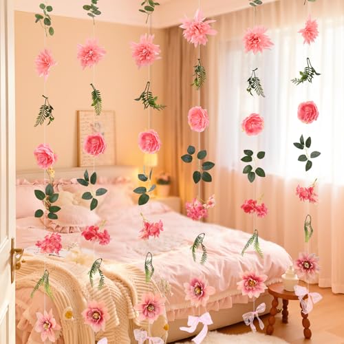 Livole 6Pcs 36Ft Hanging Flower Garland with Bow Wildflower Garlands Backdrop Silk Artificial Fake Floral Vines for Wedding Bridal Party Birthday Arch Wall Home Garden Decor(Pink) - color: Pink, size: 6Pcs
