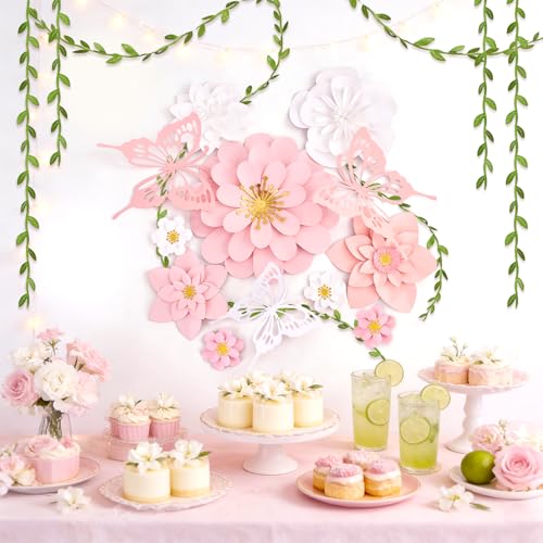 Paper Flower Decoration for Wall 3D Paper Butterfly Flower Bulletin Board Decor Pink White Artificial Flower Backdrop Wall Decor Green Leaves Vine for Classroom Office Spring Garden Tea Women Birthday - color: Pink, White Paper Flower