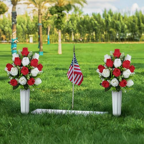 XONOR Artificial Cemetery Flowers for Grave Decorations, Artificial Memorial Roses Flowers Bouquet with Vase for Cemetery Headstones Decoration, 2 Sets (Red&White) - color: Red&white