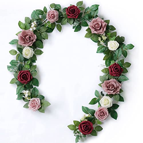 PONATIA 5FT Burgundy Artificial Flowers Garland, Dusty Rose Flowers Garland for Wedding Ceremony Garlands Backdrop Arch Flowers, Table Christmas Decorations (Burgundy & Ivory) - color: Burgundy & Ivory & Dusty Rose