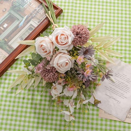 16-inch Artificial Fake Flowers Silk Table Arrangements Faux Plastic Floral Centerpieces for Home Kitchen with Roses, Dandelions, Chrysanthemum, Phalaenopsis, Eucalyptus, Sages, Orchids - color: Champagne