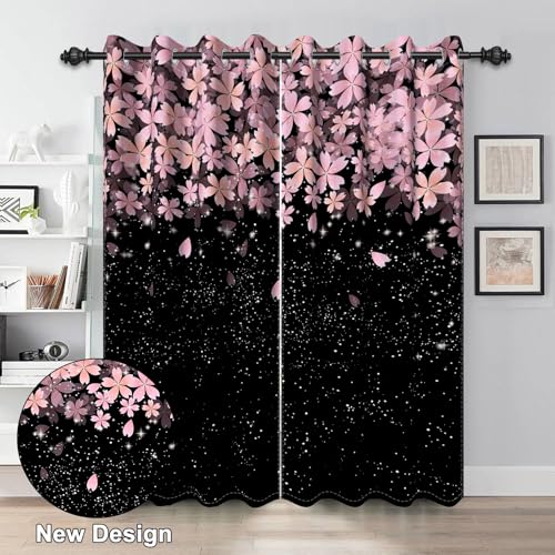 Renaiss Pink Cherry Patels Blackout Curtains, Japanese Cherry Flowers Thermal Insulated Bedroom Window Curtains, Black Floral Bossom Window Curtains for Kitchen, 45" L x 29" W 2 Panel Set - color: Black & Pink, size: 29"W x 45"L (Pack of 2)