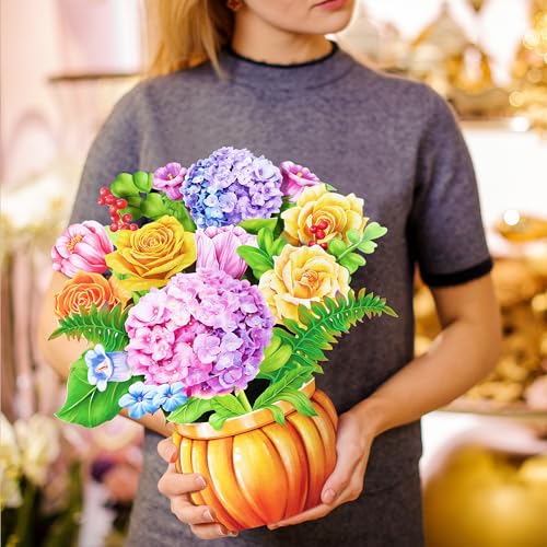 Airpark 3D Pop Up Paper Flowers Bouquet Card 12’‘ with Note & Envelope, Birthday Gifts, Get Well, Thank You, Greeting Cards for Women Mom Wife Friends, Nobility Hydrangeas Rose - style: Rose Hydrangea Pumpkin