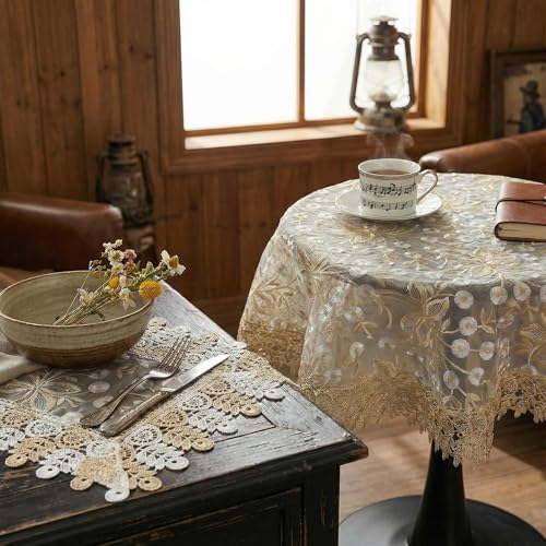 Lace Table Runner Floral Embroidery Fabric Rustic Table Runners Elegant Chic Table Transparent Cover for Home Dining Room Tabletop Decor Wedding Party Dresser (Champagne&White, 24 x 24 Inch(Round)) - color: Champagne&white, size: 24 x 24 Inch