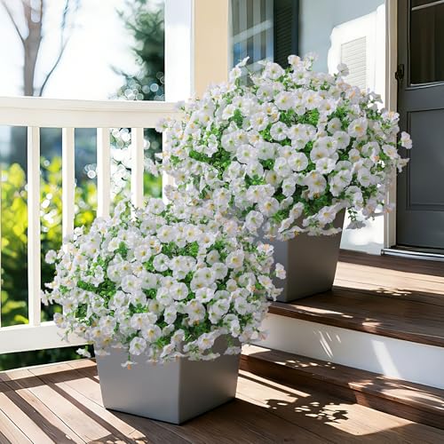 Ivydale 24 Bundles Artificial Flowers for Outdoors Summer Outside Decoration, Faux Silk Petunias White Fake Flowers Bulk Realistic UV Resistant Plants for Outdoor Planters Porch Patio Garden Yard Home - color: White
