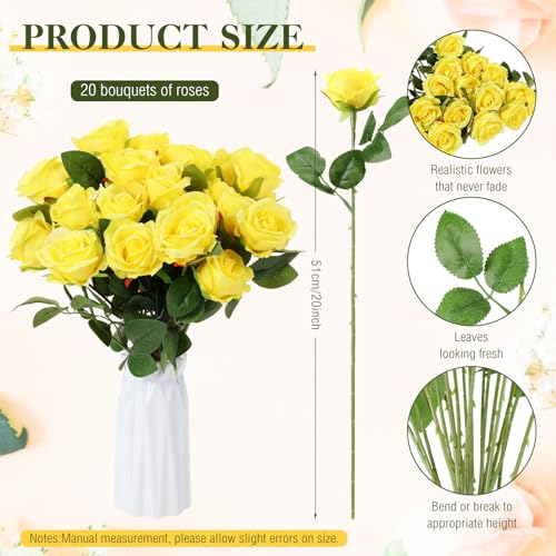 Hotop 20 Pcs Artificial Rose Flowers with Long Stem,Real Lifelike Silk Realistic Plastic Bouquet Roses Bulk for Home Decor Bridal Wedding Party Table Centerpieces Decorations(Yellow) - color: Yellow