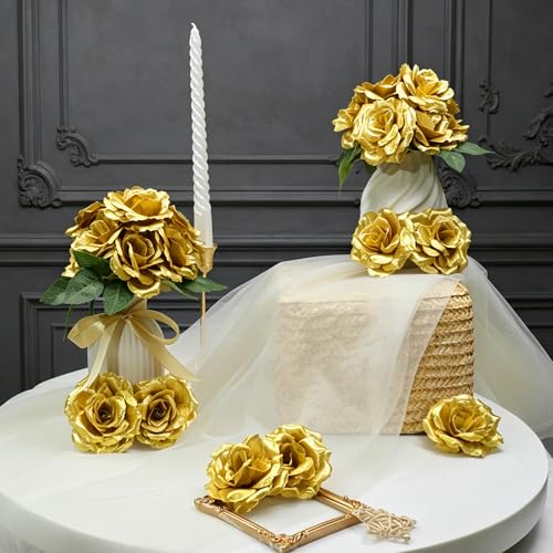 50 Pcs Rose Flower Head, Artificial Flowers Bulk for DIY Crafts, 3in Fake Rose Silk Flower Head wit Stem, Faux Flowers for Decoration, Wedding Home Party Decor Garland Decor (50, Gold) - color: Gold