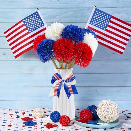 Rowfad 12 Pcs Artificial Chrysanthemums Flowers Patriotic Flowers 4th of July Fake Mums Flowers Silk Red White Blue Flower for Home Decor Indoor Memorial Day Table Centerpiece (12, Red White Blue) - color: Red White Blue