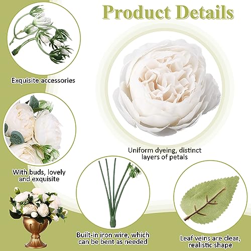 Hoteam 24 Bundles Artificial Peonies Flowers Wedding Faux Flowers Silk Peony Bouquet Bulk Bride Fake Florals Arrangements for Table Centerpieces Wedding Party Vase Decor (White) - color: White