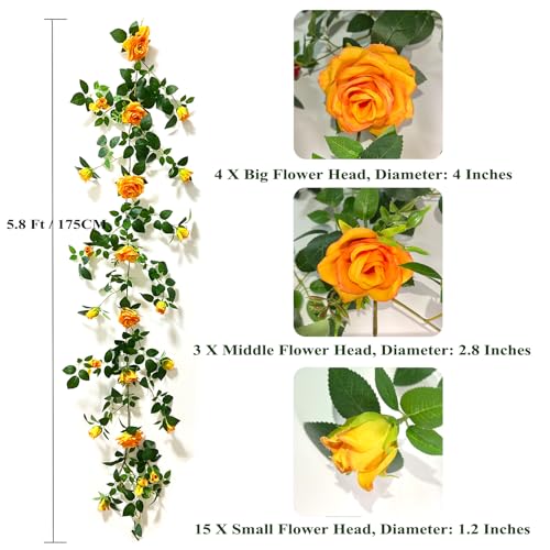 5.9FT Bendable Rose Flower Garlands, Artificial Silk Wild Roses Vine Hanging Flowers for Wall Fireplace Fence Table centerpieces Trellis Wedding Indoor Outdoor Spring Decor(Orange,1PC) - color: Orange, size: 1