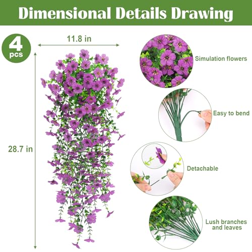 4 Pcs Artificial Hanging Flowers for Outdoor, Fake Silk Daisy Flowers Spring Summer Decoration UV Resistant Faux Plants for Planter Front Door Porch Patio Balcony Yard Decor, Purlple - color: Purlple