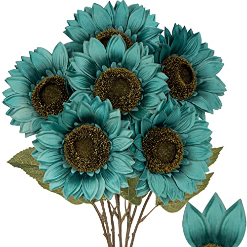 Hollyone Large Silk Sunflowers Artificial Flowers 26" Long Stem Artificial Sunflower 6PCS Faux Vintage Fall Sunflowers Bouquet Bulk for Home Wedding Birthday Party Centerpieces Decorations - color: Peacock Blue