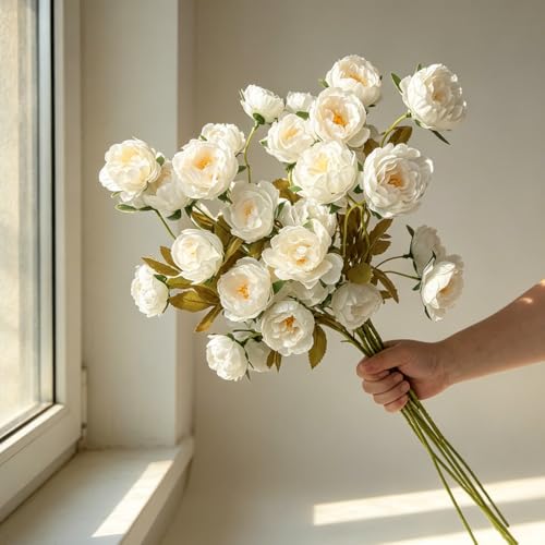 6 Pack 30" Artificial Peonies Flowers for Vase, Fake Silk Peony Long Stem Flowers for DIY Bouquets Wedding Centerpieces Home Decor (White) - color: White