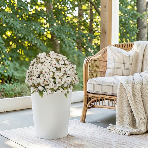 24” Artificial Flowers for Outdoors, Set of 2- UV Resistant Look Real Faux White Mums with Cement Pots, Realistic Fake Plastic Plants for Front Porch Planter Entryway Indoor Decor - color: Chrysanthemum Cream White