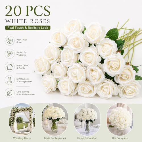 20 Pcs Artificial White Roses, Real Touch Silk Flowers for Home Decor, Wedding Centerpieces, Bouquets, Crafts & DIY Floral Arrangements, 20 Inches Tall