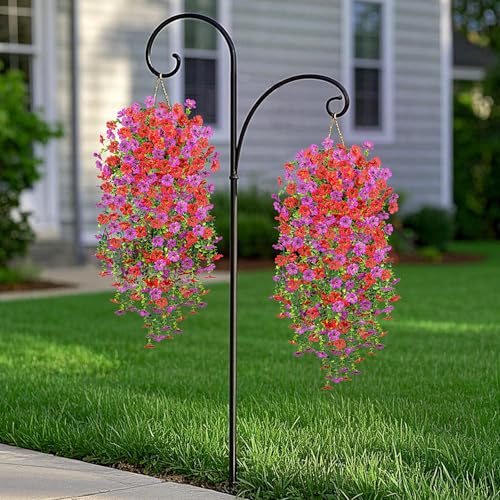 Fake Artificial Hanging Flowers for Outdoors Decoration, 2 PCS Faux UV Resistant Artificial Outdoor Flowers, Fake Plants Look Real Daisy No Fade Spring Decor for Porch Home Patio Balcony and Yard - color: Hanging Flower (Red Purple)