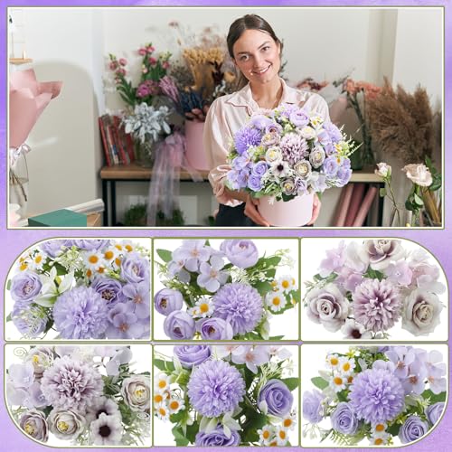 Tigeen 6 Bundles Artificial Bouquet Flowers Artificial Peonies Faux Roses Silk Flowers Hydrangea Bouquet for Wedding Table Centerpiece Floral Vase Decor(Purple) - color: Purple