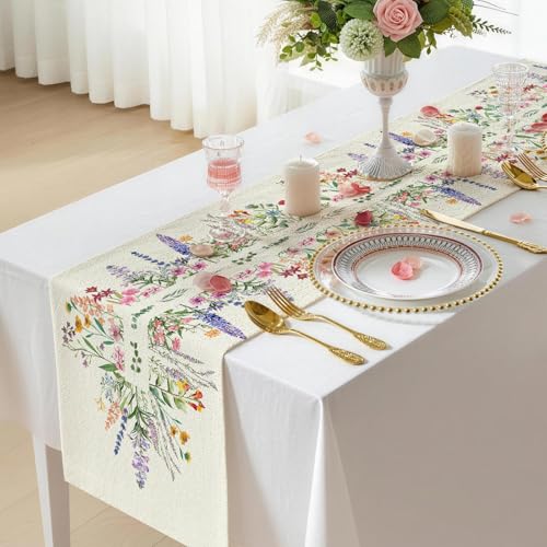 72 x 13 Inch Spring Wildflower Table Runner – Floral Table Runner with Symmetrical Wildflower Pattern for Garden Parties, Kitchen, Mantel, Dining Table Décor, Spring Party Supplies - style: Art Deco