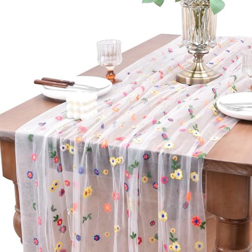 Joanlody 6pcs Ivory Embroidery Daisy Spring Summer Table Runner Florals Seasonal Tulle Table Runner for Home Garden Tea Party Holiday Birthday Decoration - color: Ivory, size: 10ft x 6pack