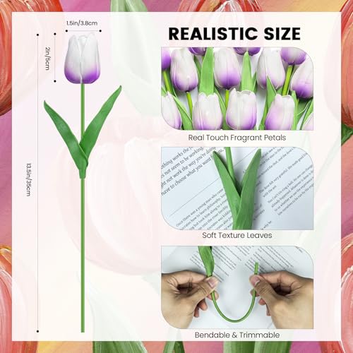 30 PCS Artificial Tulips Real Touch Tulips 13.5inch Long Stem Fake Flowers Silk Flowers for Spring Easter Mother's Day Decorations（Light Purple） - color: Light Purple