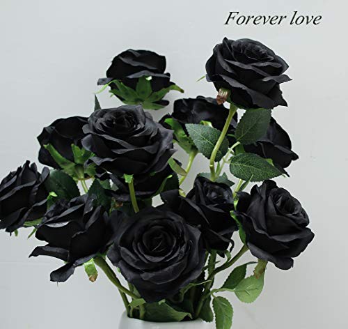 Laelfe 12 PCS Artificial Flowers Black Roses, Fake Silk Flower Long Stem Artificial Rose for Halloween Home Wedding Party Decorations(Black) - color: Black