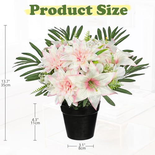 Hollyone Artificial Cemetery Flower for Graves, White Pink Faux Lily Dahlia Flowers in Pot Silk Cemetery Memorial Flowers for Outdoors Gravesites Headstones Home Decoration - color: Pink-dahlia Lily