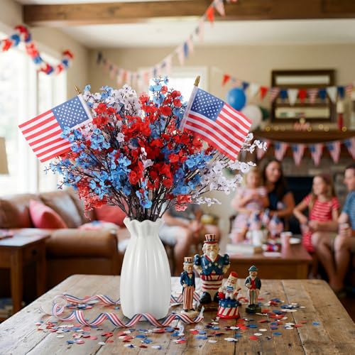 Tigeen 14 Pcs 4th of July Decor Red White Blue Artificial Flower Patriotic Decoration Fake Baby Flower with 2 Flag 250th Anniversary Table Centerpiece for Memorial Veterans Independence Day Home Decor - style: Baby Breath