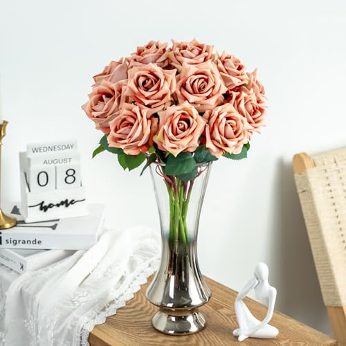 Ttranewsoo Fake Roses Faux Flowers Silk Roses 16.5In Artificial Roses with Stems Realistic Artificial Flowers Suitable for Indoor Home Decoration Diy Bouquet Wedding Decoration Party Decor 12PCS Khaki - color: Khaki 12pcs
