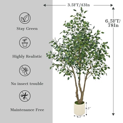 Artificial Ficus Tree 6.5ft - Tall Fake Indoor Tree with Lifelike Leaves and Realistic Trunks, 78 inch Faux Tropical Plant Artificial Floor Potted Trees for Home Living Room Office Porch Outdoor Decor