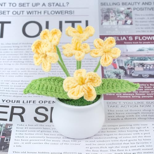 Blync Knitting Crochet Flowers Potted Plants, Fake Forget Me Not Flowers for Friends, Family and Lover, Artificial Handmade Flowers for Valentines Birthday Wedding Gift and Home Decor (Yellow) - color: Yellow